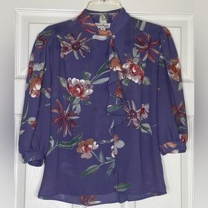 Women's San Andre Blouse Short Sleeve Purple Floral Ruffle Front Size 8